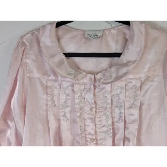Vtg Nicole Pastel Pink Granny Sleep Shirt Chemise Large Long Sleeve Flowers - Picture 2 of 10